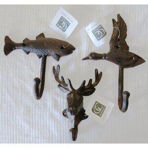 NWT $45 Gift Craft Deer Duck and Fish Single Wall Hook Wall Hooks Cast Iron Set
